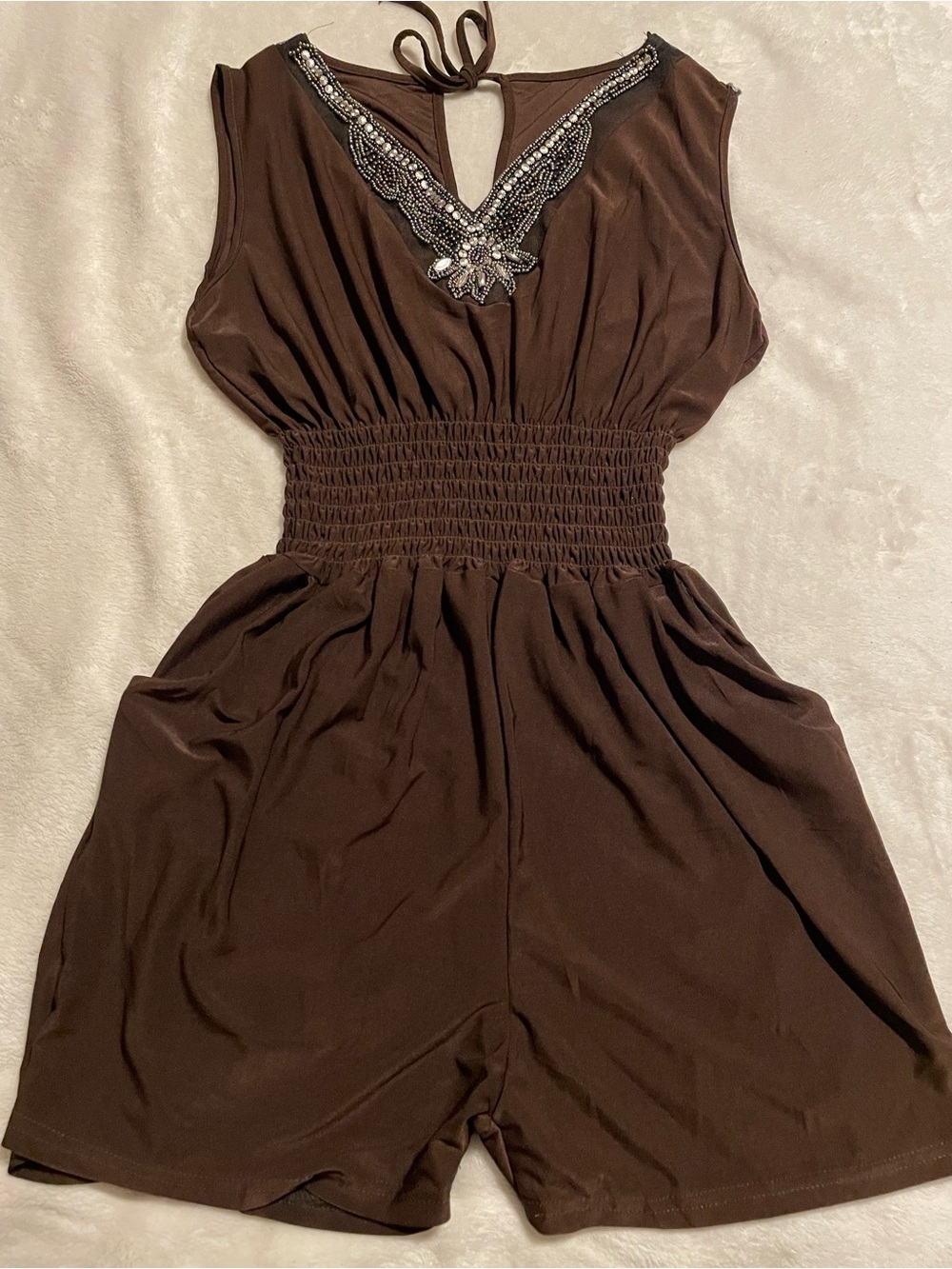 Embellished Brown Smocked-Waist Romper Shorts
